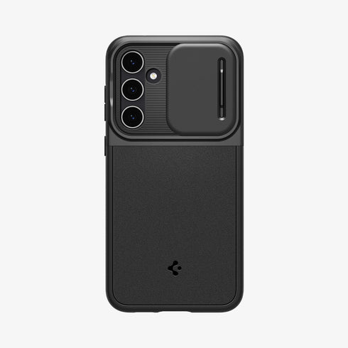 ACS05639 - Galaxy S23 Ultra Case Optik Armor in black showing the back with lens protector slot open